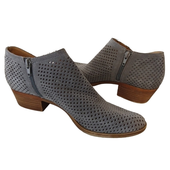 Lucky Brand Baylah Gray Suede Perforated Booties Side Zipper Low Block Heel - Picture 2 of 11